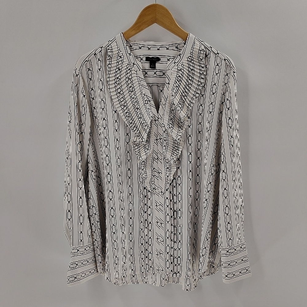 Ann Taylor Blouse Size XL V Neck Black And White Chain Print Ruffle Front